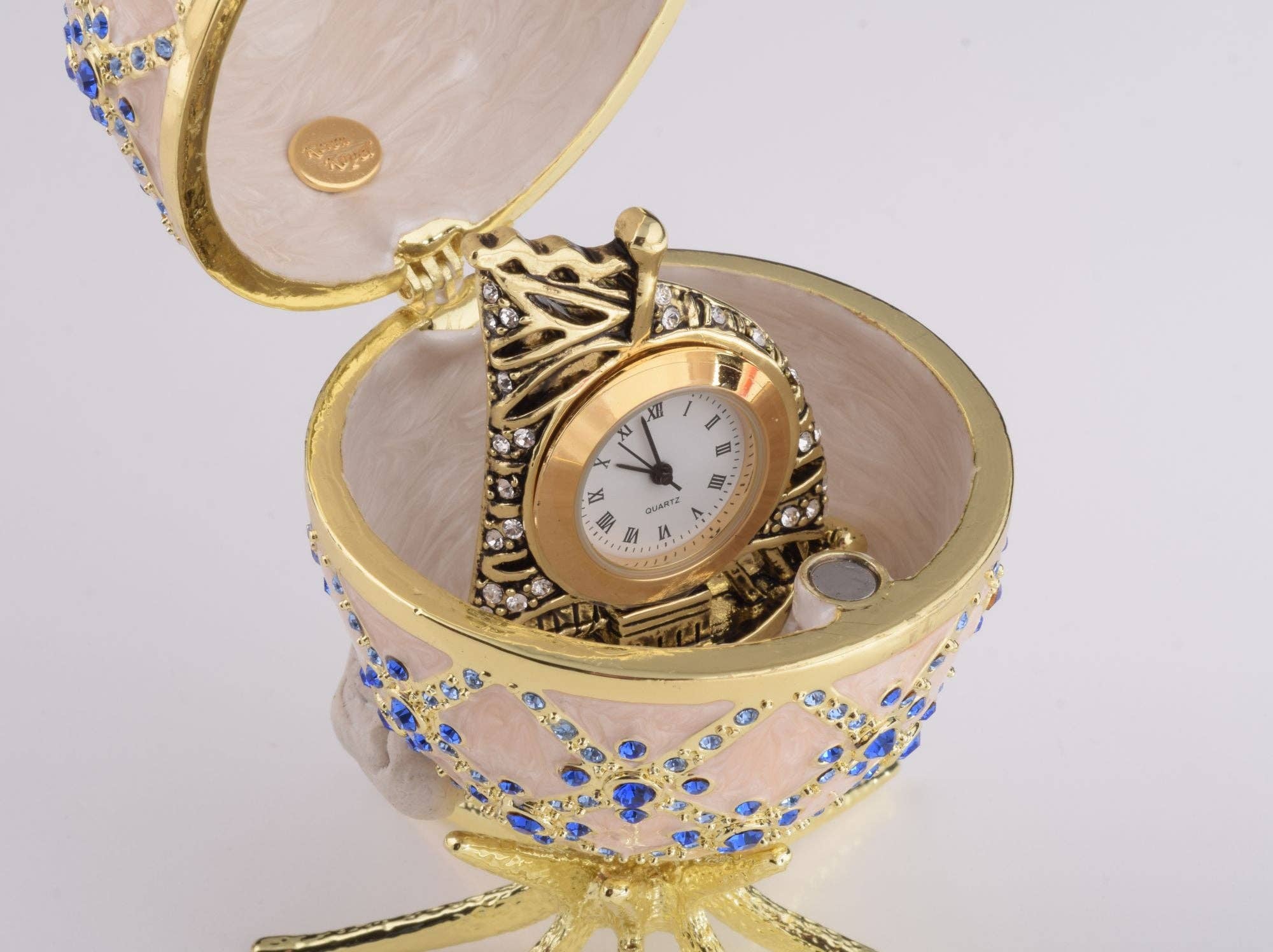 Keren Kopal - Venta al por mayor Cajas decorativas - Huevo Fabergé rosa con reloj en el interior5
