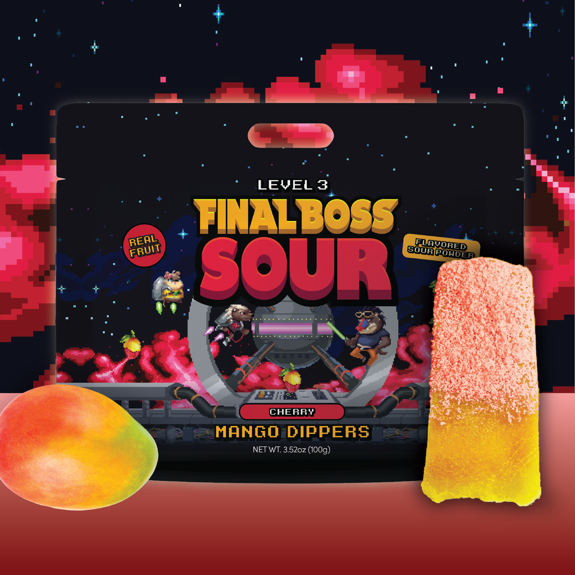 Final Boss Sour - Wholesale Gummy - Mango Dippers 1-Pack (Blue Razz, Green Apple, Grape, Cherry)3