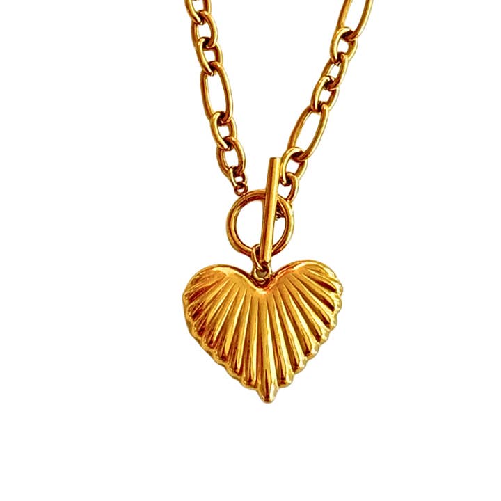 Gold Chain with Gold Ribbed Heart Charm Necklace for wholesale by Kiss Me Kate Jewelry
