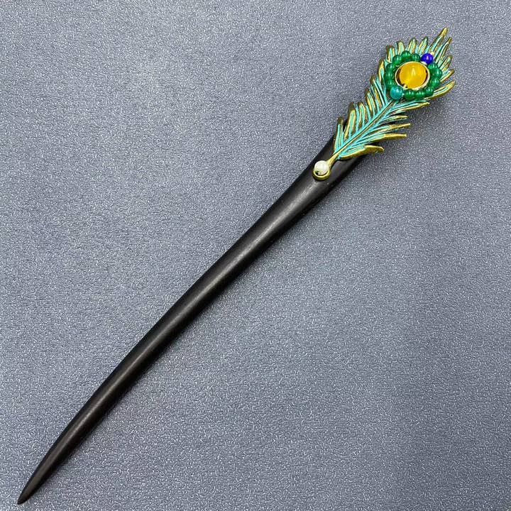 Classic Agate Metal Peacock Feather Long Ebony Wood Hairpin for wholesale by Mio Queena
