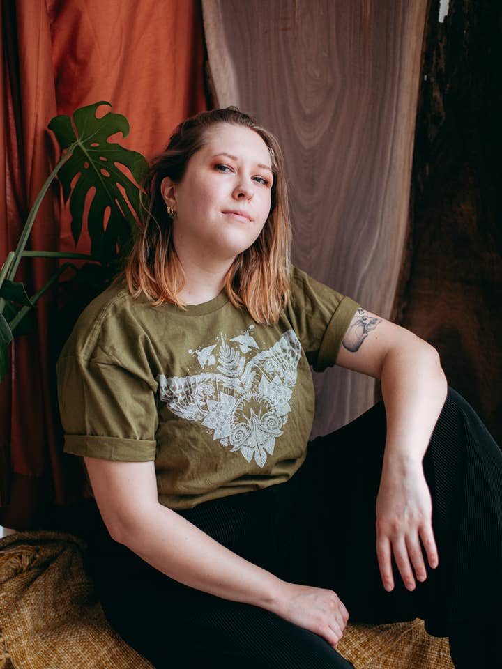 Secret Garden Organic Cotton T Shirt - Olive for wholesale by Solstice Handmade