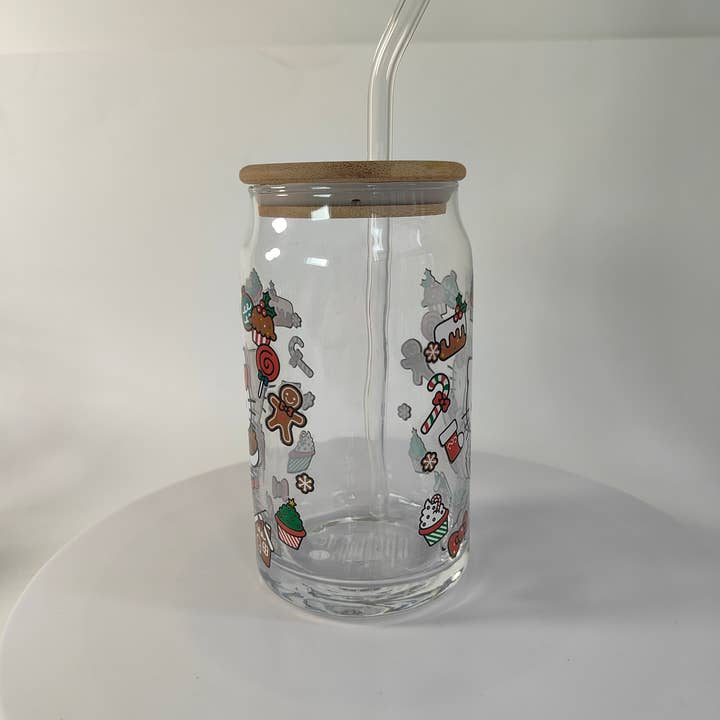 Silver Buffalo - Wholesale Drinking Glass/Cup - Hello Kitty Sweet Holiday 16oz Glass Tumbler w Bamboo Lid