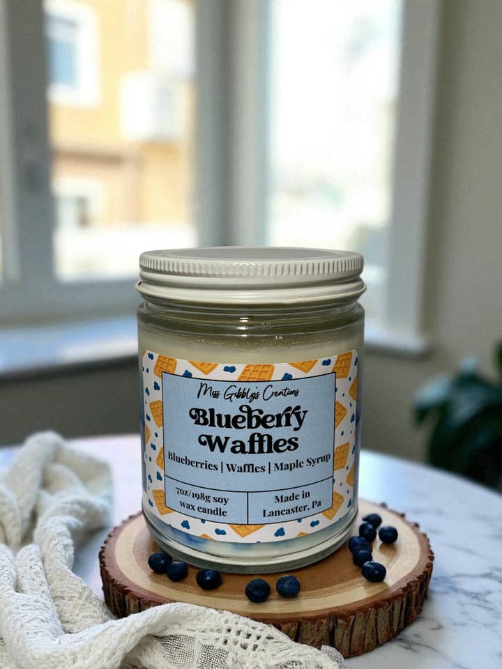 Blueberry Waffles- 7oz Glass Jar Soy Candle for wholesale by Miss Gibbly’s Creations