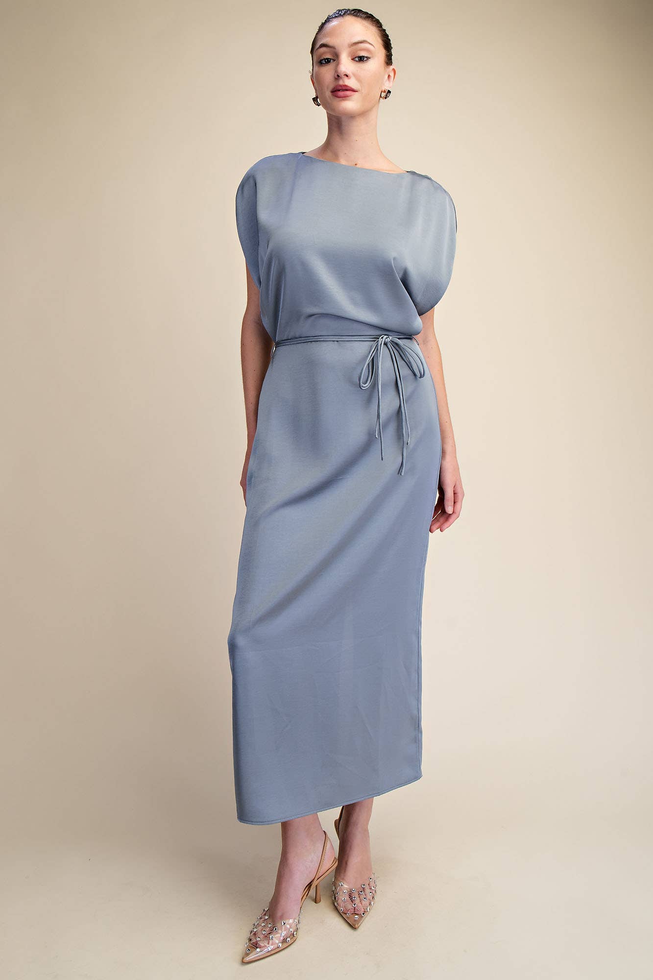 Glam - Wholesale Dress - Women's - Round Neck Waist Tie Back Slit Midi Dress7