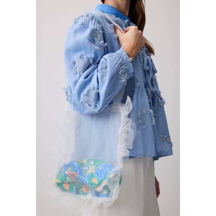 Beyaz Sheer Organza Tote with Ruffle Trim – Transparent Bag for wholesale on Faire