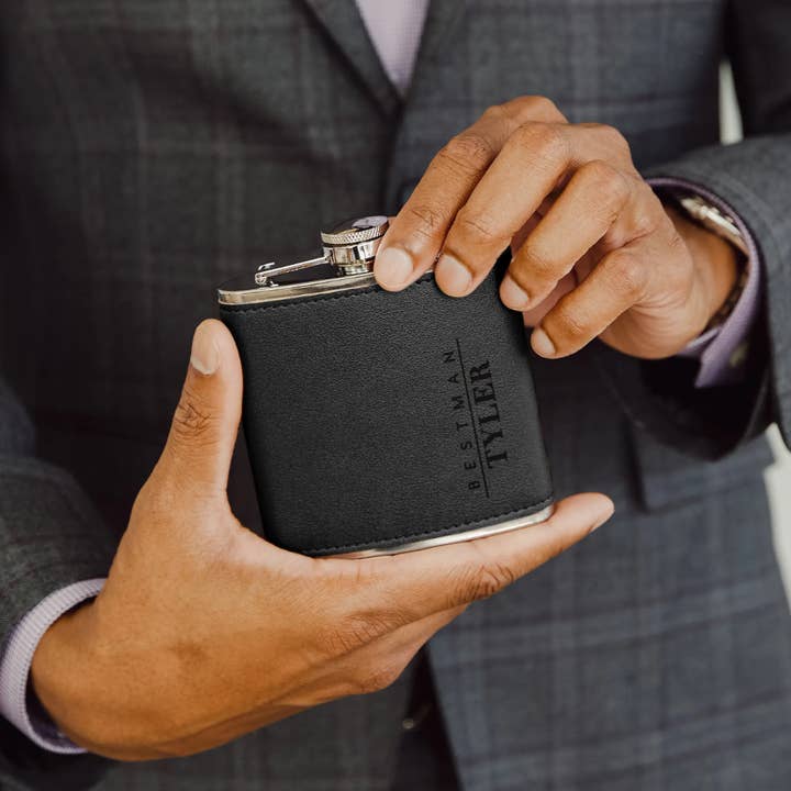 Weddingstar Inc. - Wholesale Flask - Faux Leather Wrapped Metal Hip Flask - Vertical Best Man4
