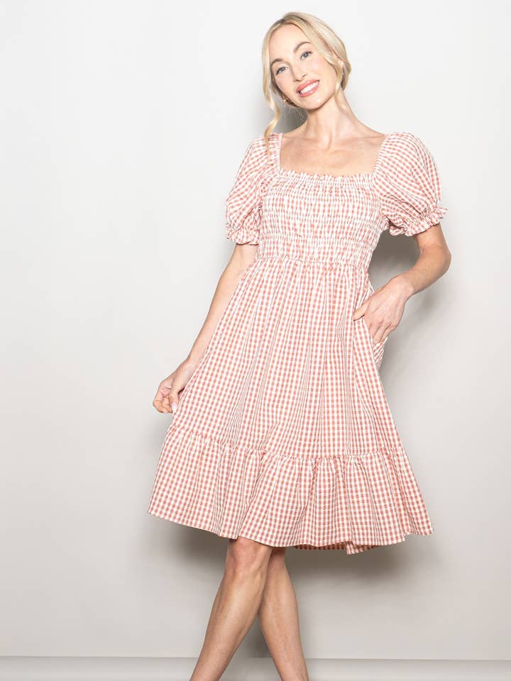 Elloh Collection - Wholesale Dress - Women's - Puff Sleeve Smocked Chest Gingham Dress with Pockets