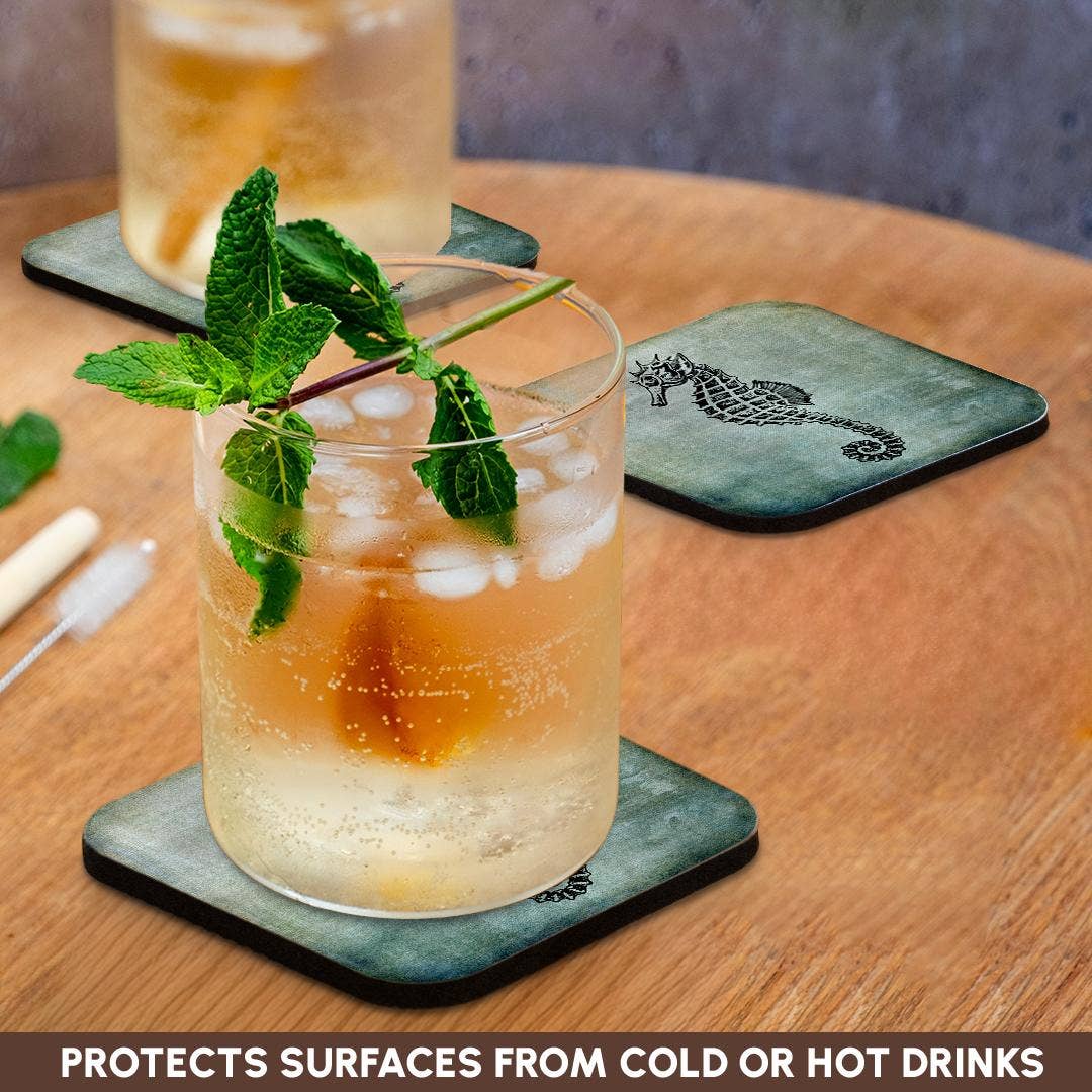 3dRose – Großhandel Untersetzer – 3dRose, Vintage Seepferdchen Zeichnung auf blauem Hintergrund, Untersetzer9