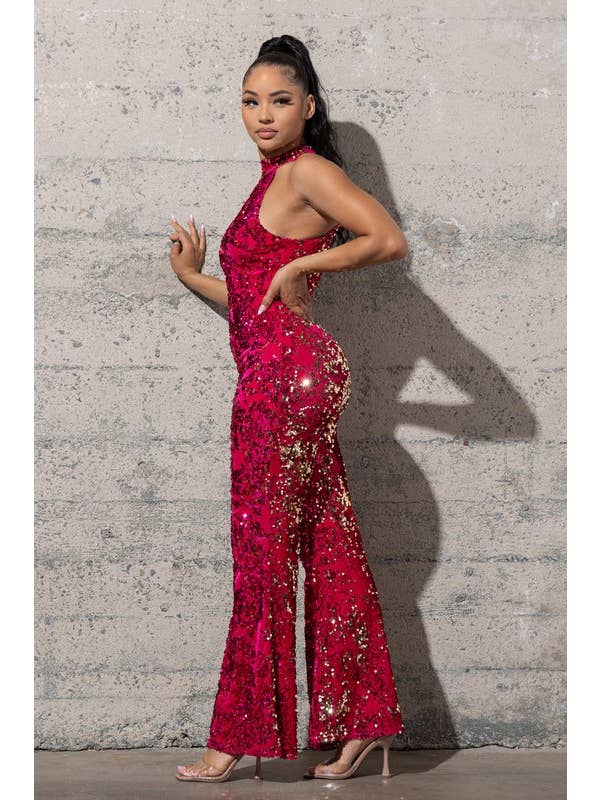 Melrose with Love - Wholesale Jumpsuit - Women's - BELL BOTTOM STRETCHY VELVET SEQUINS JUMPSUIT
