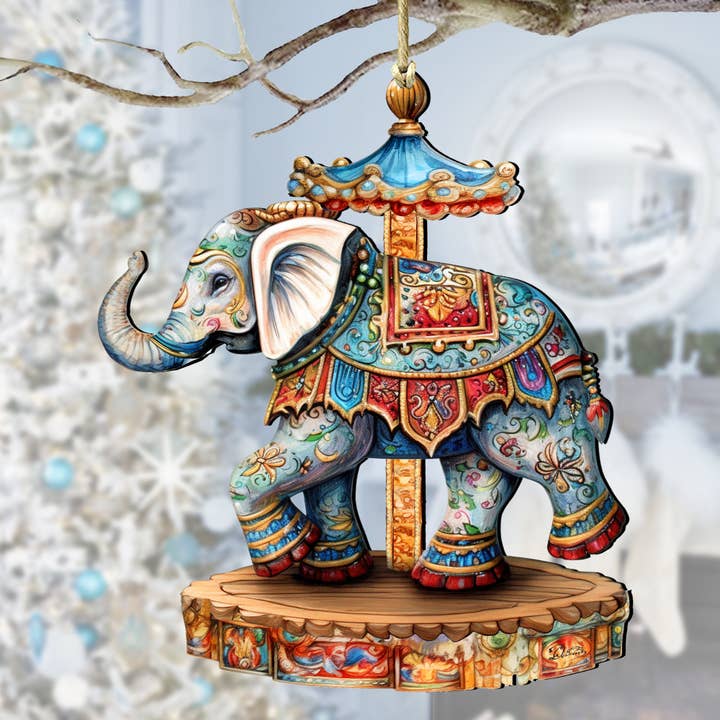 Adornos navideños de madera con forma de carrusel con forma de elefante G.Debrekht para venta al por mayor de Designocracy