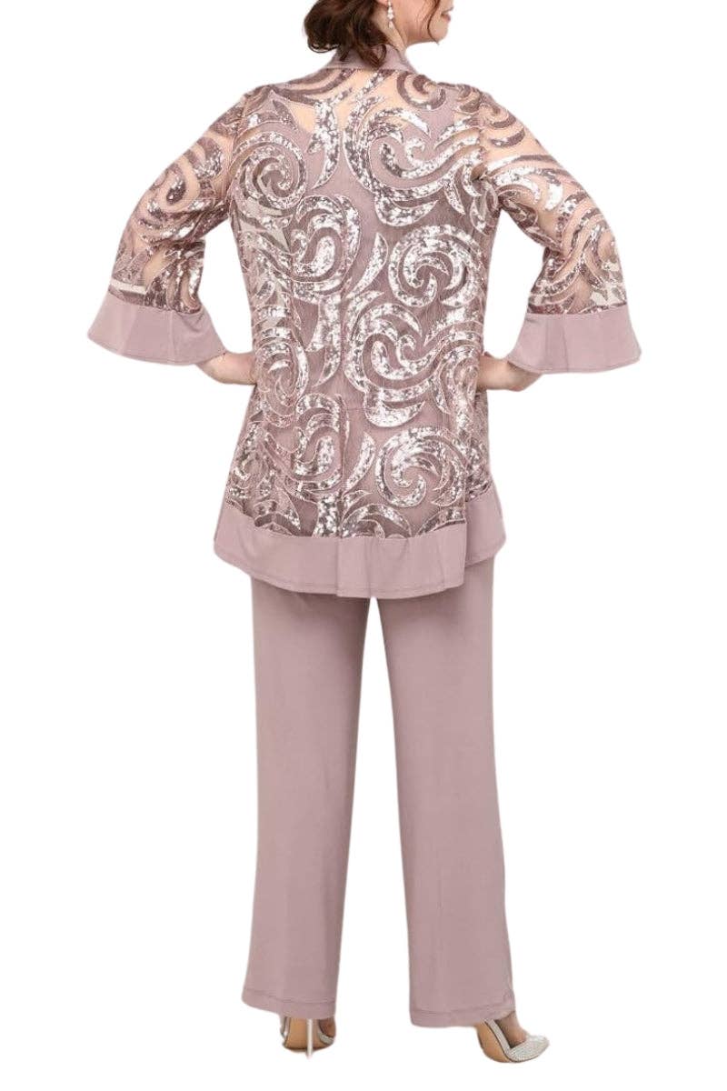 Immediate Apparel - Wholesale Suit Set - Women's - R&M Richards Scoop Neckline Top Sequin Jacket Straight Hemline Pant Suit Set Dress with Detachable Necklace4