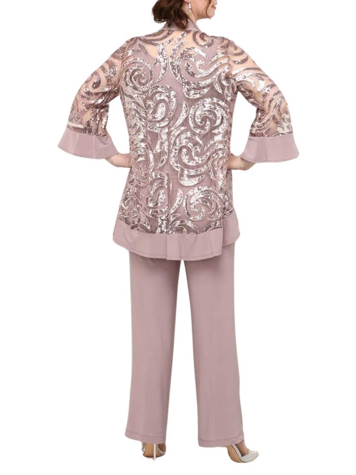 Immediate Apparel - Wholesale Suit Set - Women's - R&M Richards Scoop Neckline Top Sequin Jacket Straight Hemline Pant Suit Set Dress with Detachable Necklace4