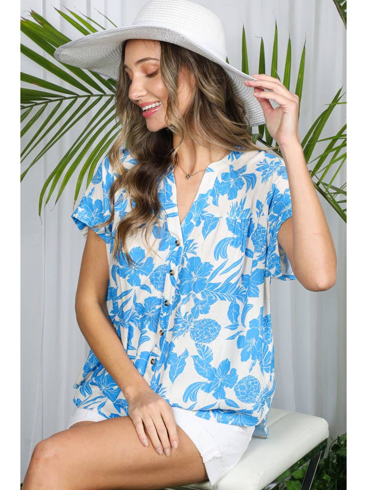 Vine & Love - Wholesale Button Down Shirt - Women's - Floral Pineapple Henley Neck Roll-Up Shirt Top VT82331A2
