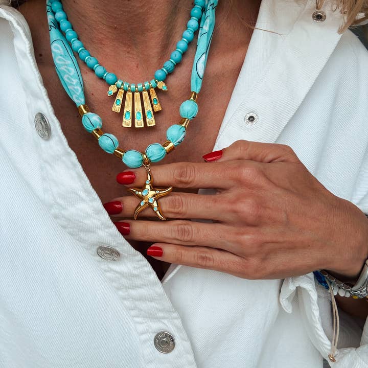 Goupi - Wholesale Beaded/Pearl Necklace - Aqua & Gold Layered Necklaces – Scarf necklace & Starfish