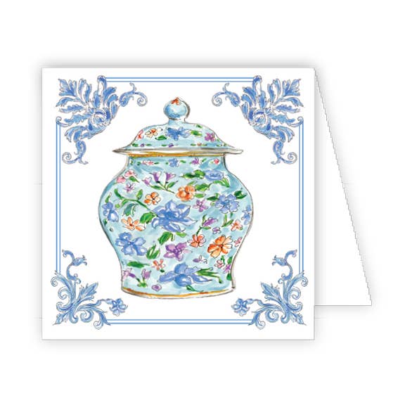 Handbemalte blaue Chinoiserie-Urnengehäusekarte für den Großhandel von RosanneBeck Collections