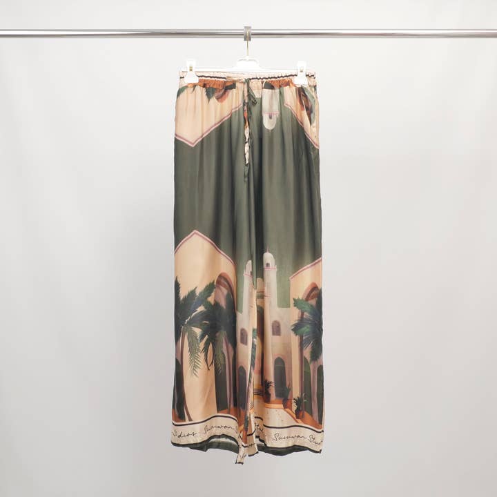 Wide pants with oriental architecture print KD6637VS-26 for wholesale by Cecile Wang