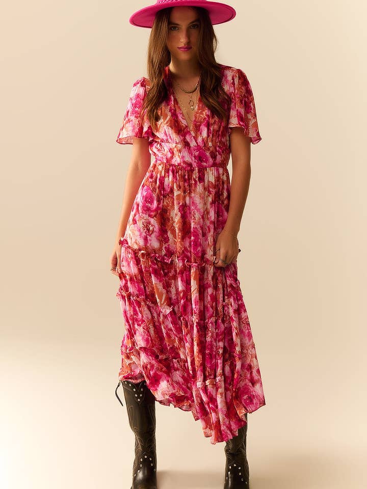 Robe romantique maxi à volants avec imprimé floral en chiffon rose pour la vente par Q2—All Orders:Free Duties for the US,UK,and Canada