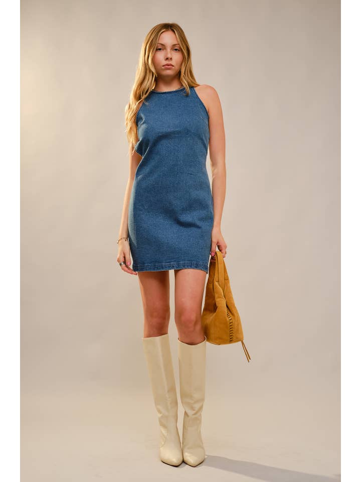 MED WASH 52142D - Open Back Tie At Back Neck Mini Denim Dress for wholesale on Faire7