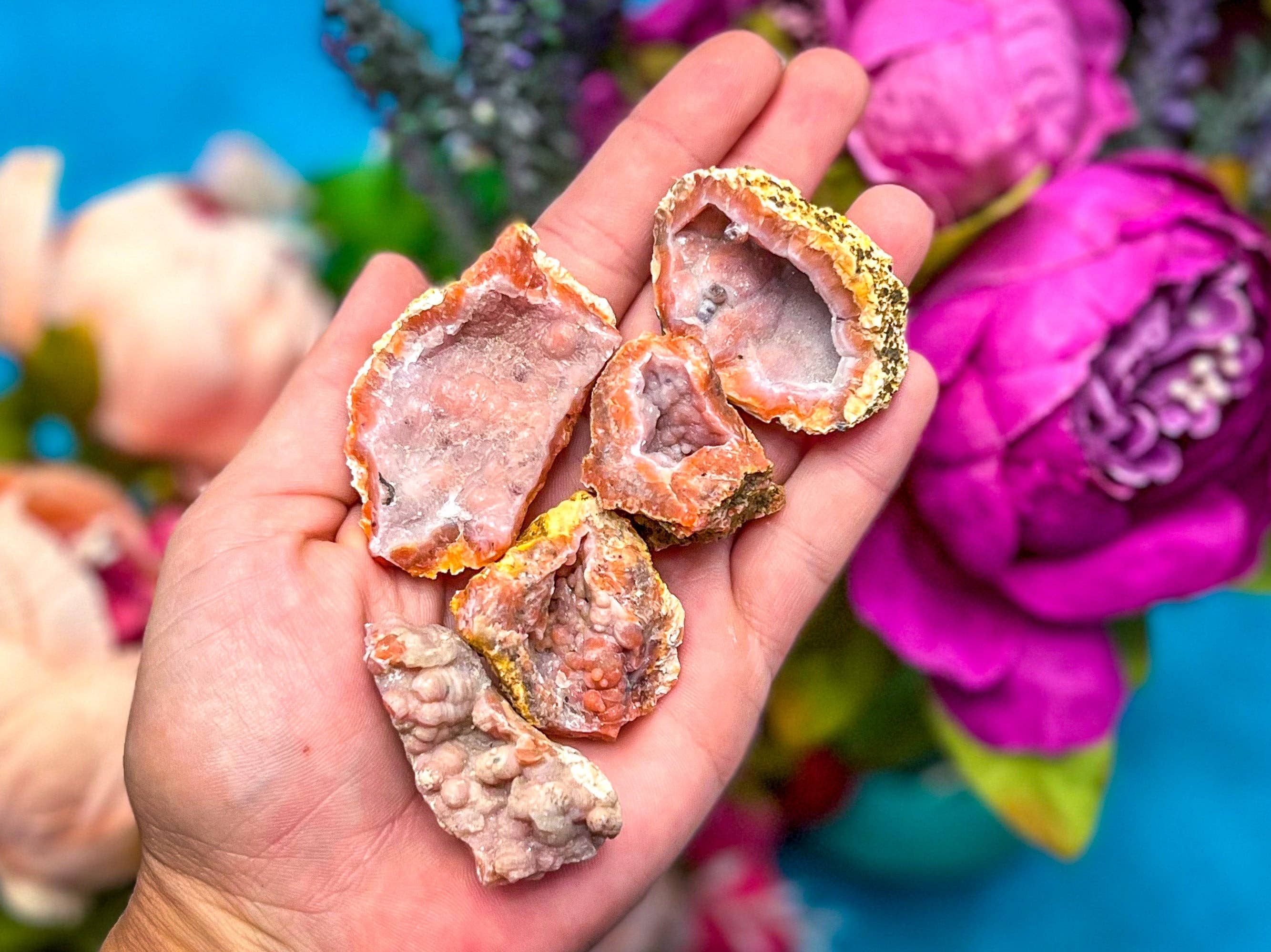 Mandala Gems - Wholesale Spiritual Stone/Crystal - Large Pink Red Grey Raw Chalcedony Geodes1