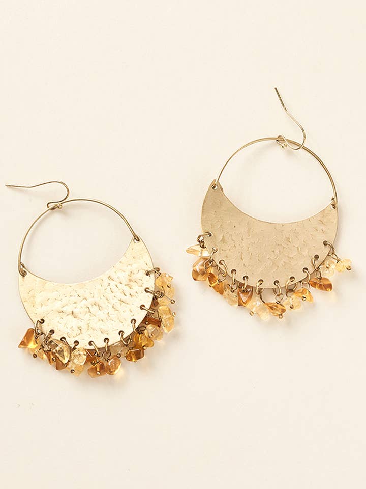 Ridhi Citrine & Sunstone Fringe Hammered Hoop Earrings for wholesale by Matr Boomie Fair Trade