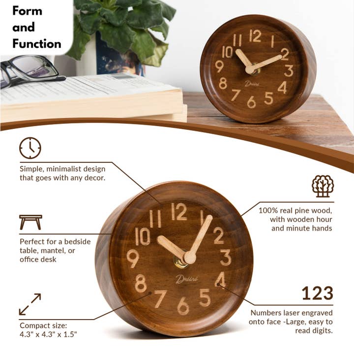 Driini - Wholesale Desk Clock - Driini Wooden Desk & Table Pinewood Analog Clock (Dark)