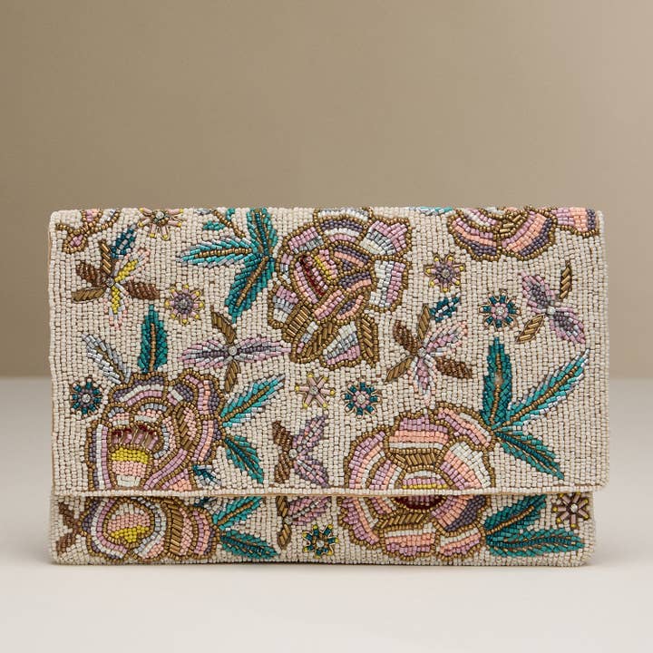 NA Beaded Floral Clutch with Chain Strap for wholesale on Faire