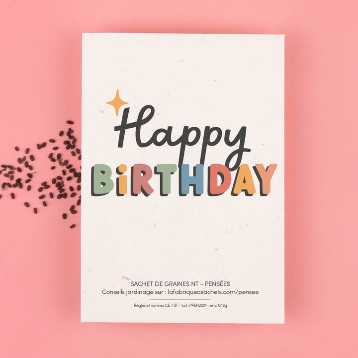 Tillykke med fødselsdagen - Pose med stedmoderblomstfrø for engroshandel hos La Fabrique à Sachets