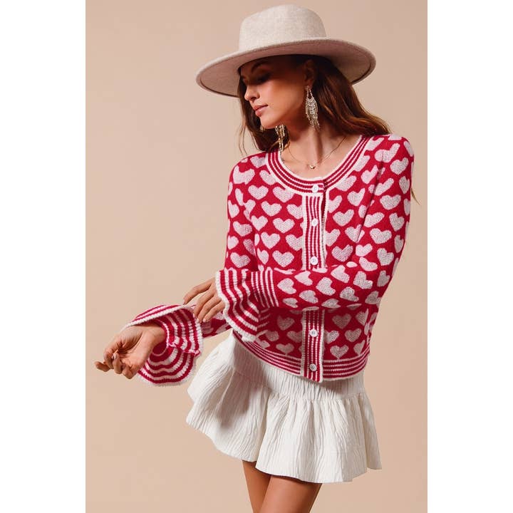 IVE - Wholesale Knit Sweater - Women's - ALL OVER HEART BUTTON UP SWEATER CARDIGAN