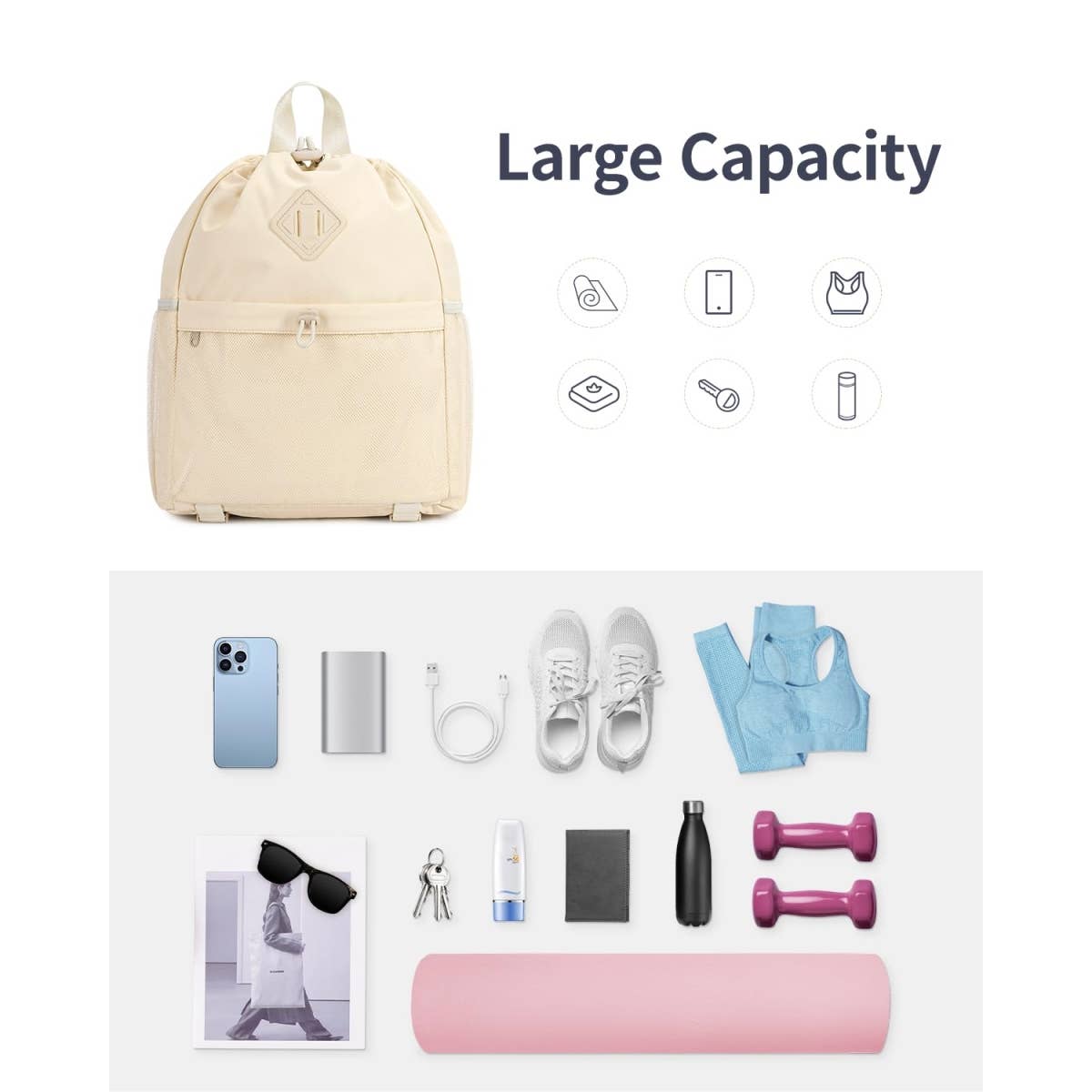 wandf - Vente Sac à cordon de serrage – unisexe - Sac à dos de sport avec cordon de serrage et sangle pour tapis de yoga40