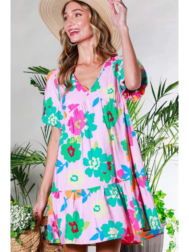 Vine & Love - Wholesale Dress - Women's - V-Neck Short Bubble Sleeve Floral Printed Mini Dress VD81819