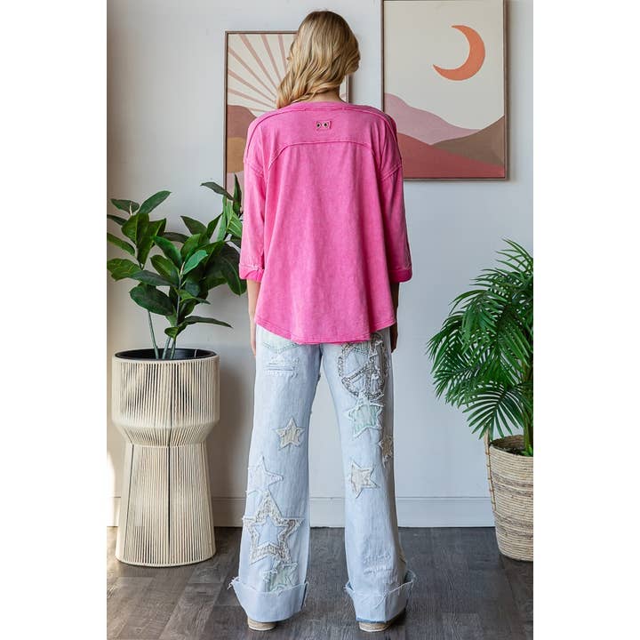 Oli&Hali - Wholesale Knit Top - Women's - SMOCKED FRONT HENLEY NECK OVERSIZED TOP