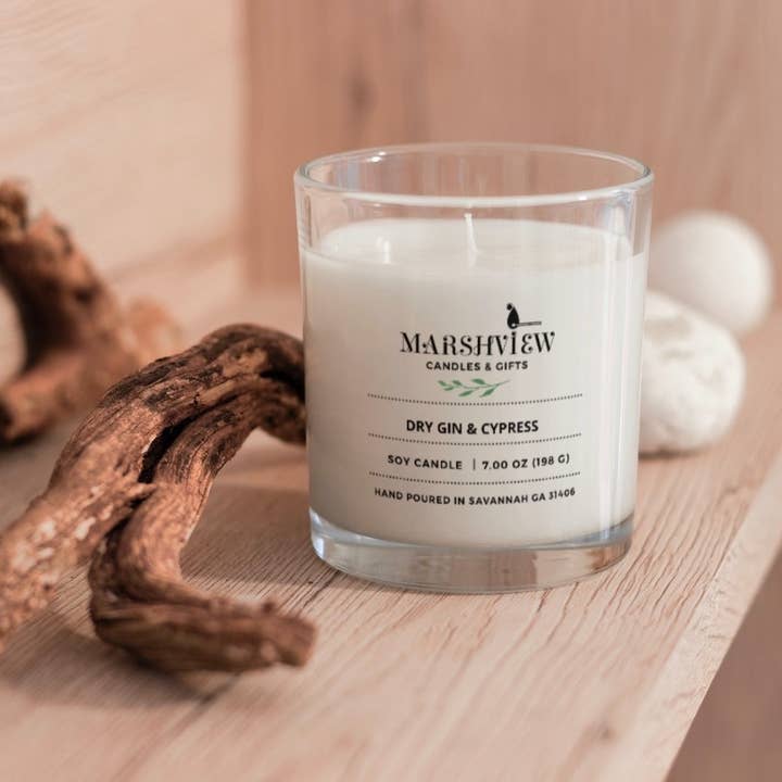 Dry Gin & Cypress Scented Soy Wax Candle, Dry Gin & cypress scented soy wax candle, candle gifts, holiday candles for wholesale by Marsh View Candles & Gifts
