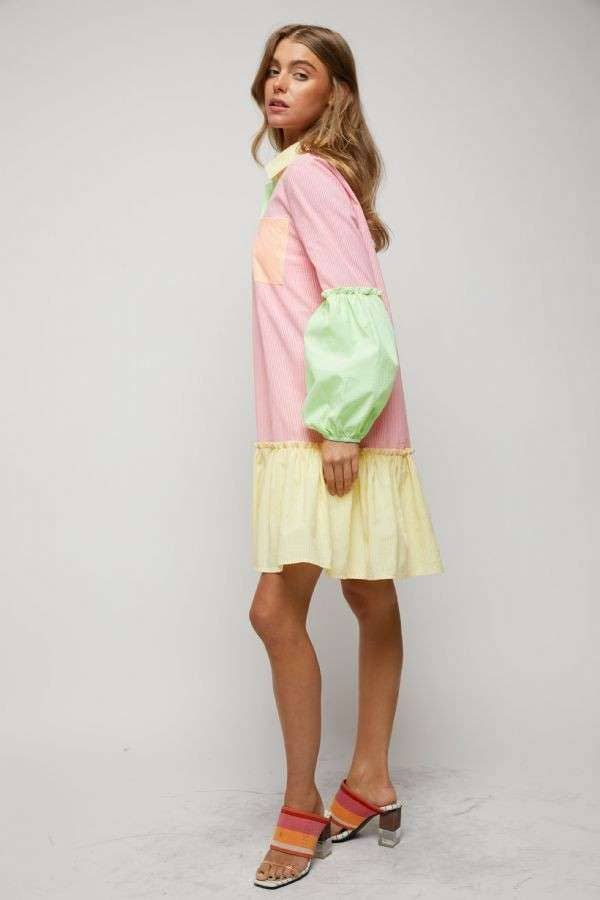 MULTI STRIPE COLOR BLOCK WAIST BALLOON SHIRT DRESS for wholesale on Faire10