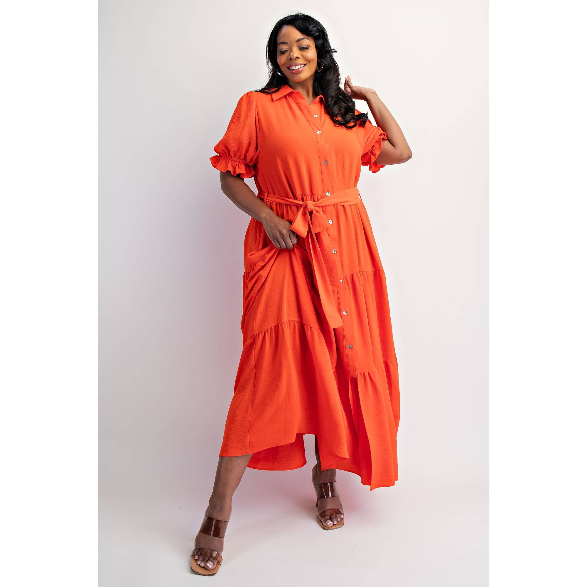 ORANGE CORAL PLUS SIZE BUTTON FRONT MAXI DRESS WITH TIERD HEM for wholesale on Faire4
