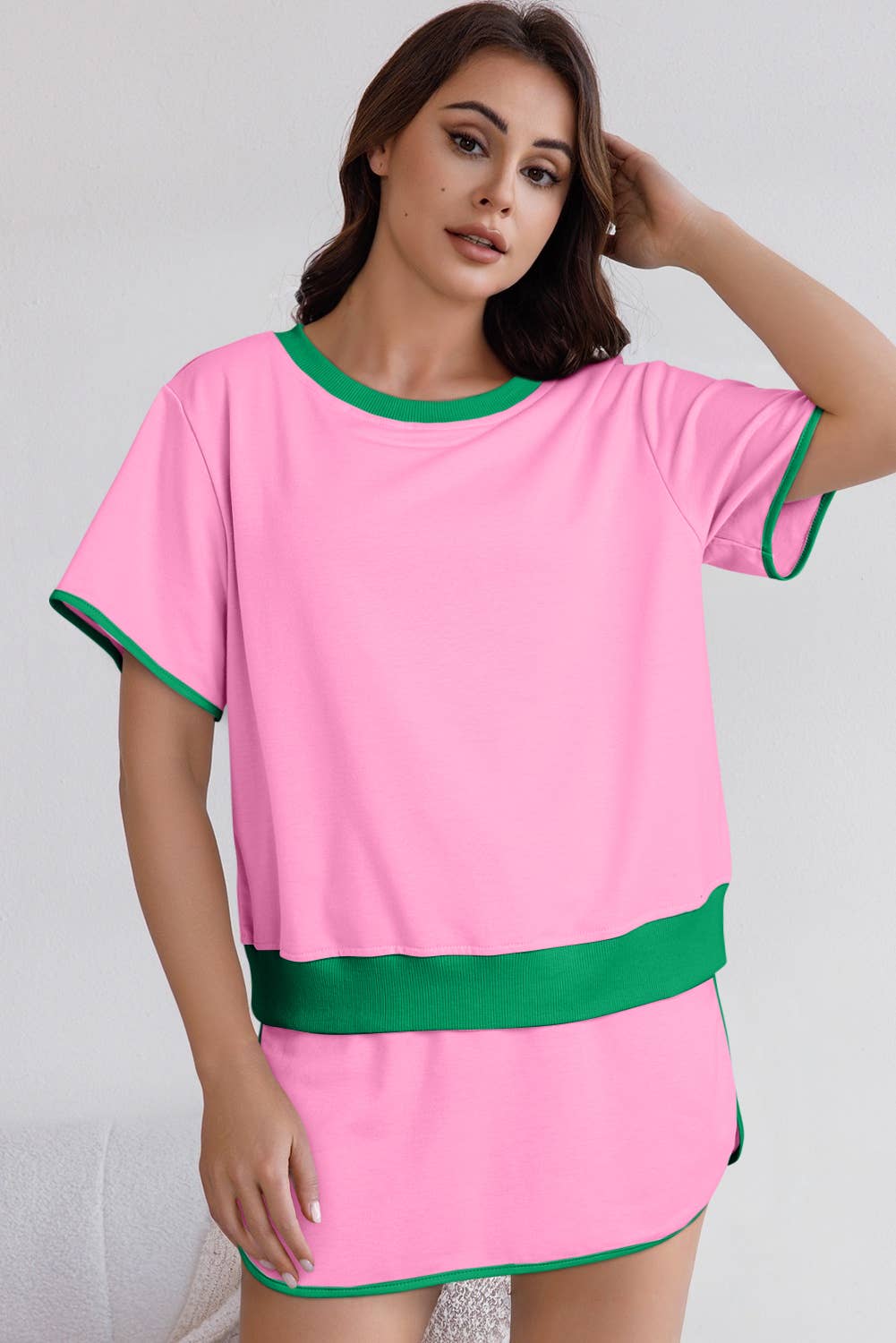 LA Society - Vente Ensemble haut et jupe - Femme - Ensemble T-shirt à épaules tombantes et jupe à blocs de couleur4