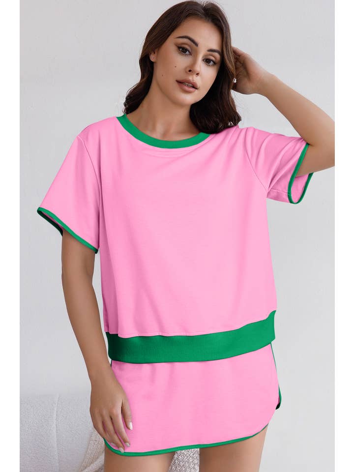 LA Society - Wholesale Top & Skirt Set - Women's - Colorblock Edge Drop Shoulder T Shirt and Skirt Set4