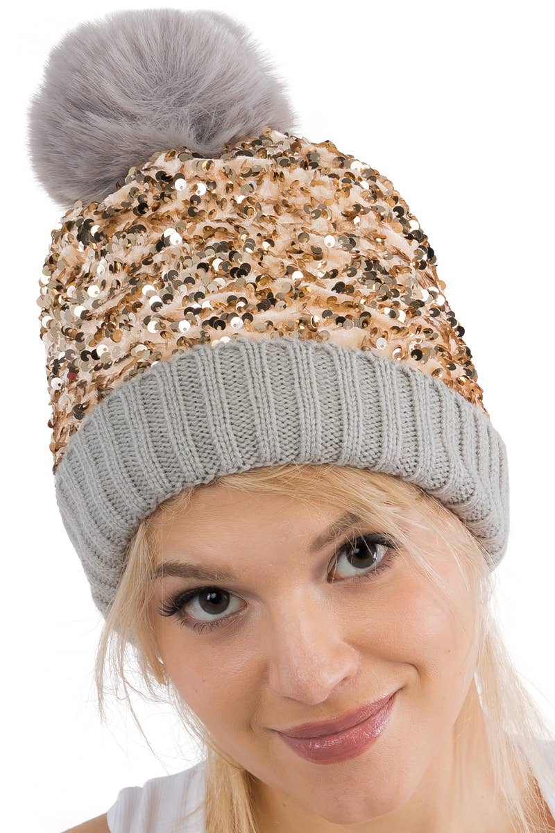 Cap Zone - Vente Bonnet – femme - Bonnet à pompon en tricot à paillettes métalliques Beazzled10