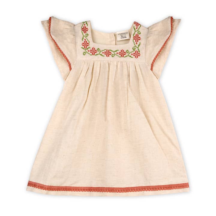 Vestido para bebé Avalyn con bordado floral y cubrepañal (mezcla de lino) para venta al por mayor de Viverano Organics