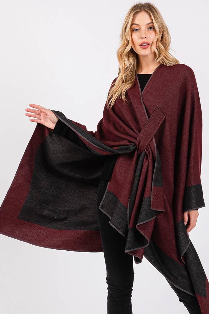 Hana - Wholesale Cardigan - Women's - Two Tone Pull Through Shawl Ruana Winter Cardigan5