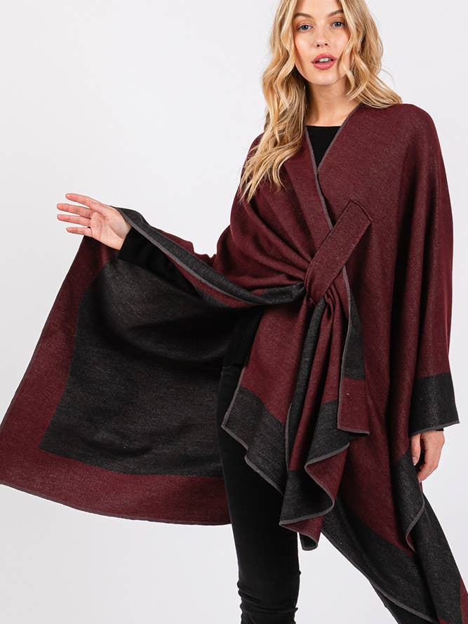 Hana - Wholesale Cardigan - Women's - Two Tone Pull Through Shawl Ruana Winter Cardigan5