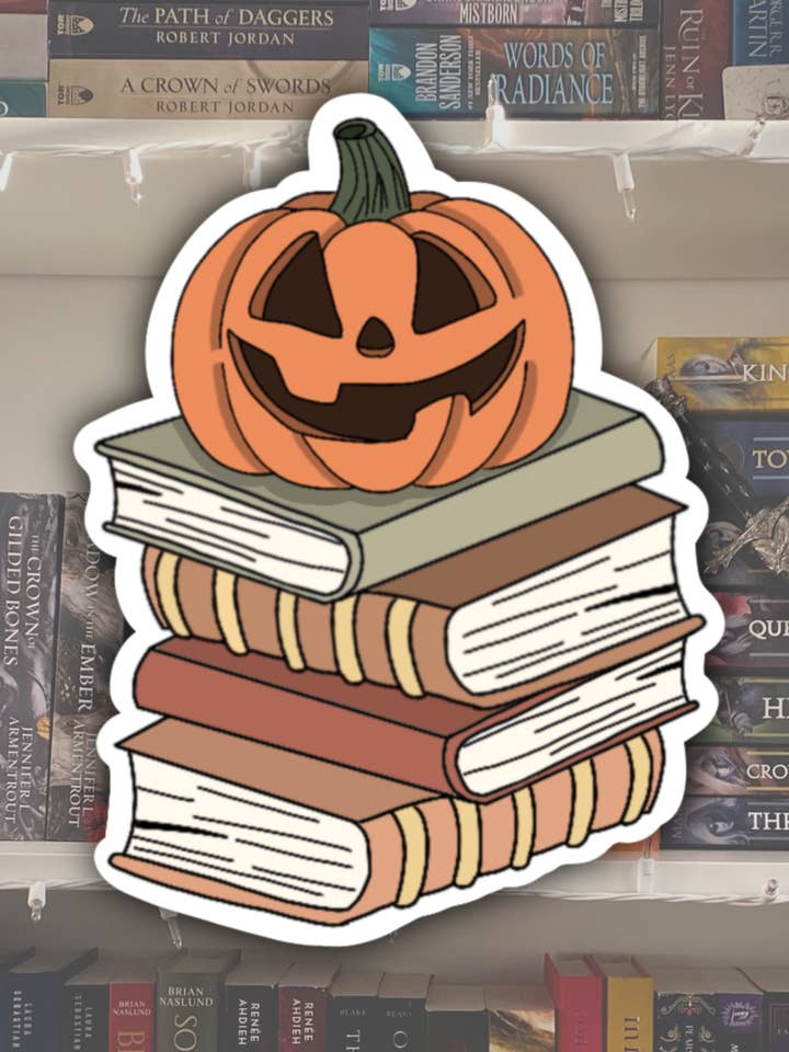 Pumpkin Bookstack Bookish Sticker | Book Lovers Sticker voor wholesale door BareBookish