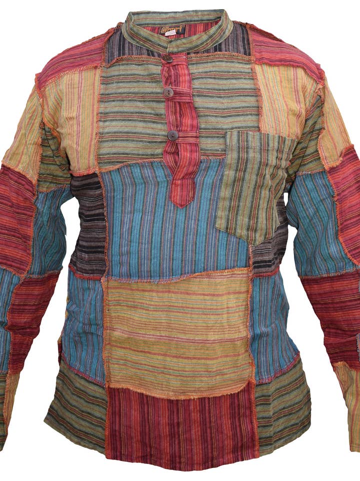 Camicia Hippie Senza Colletto in Cotone con Toppa Overlock per le Vacanze per la vendita all'ingrosso da parte di Gheri