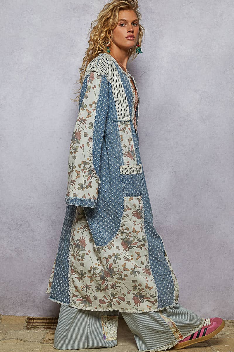 Pol Clothing - Wholesale Cardigan - Women's - Long sleeve crochet contrast denim maxi length open cardigan8