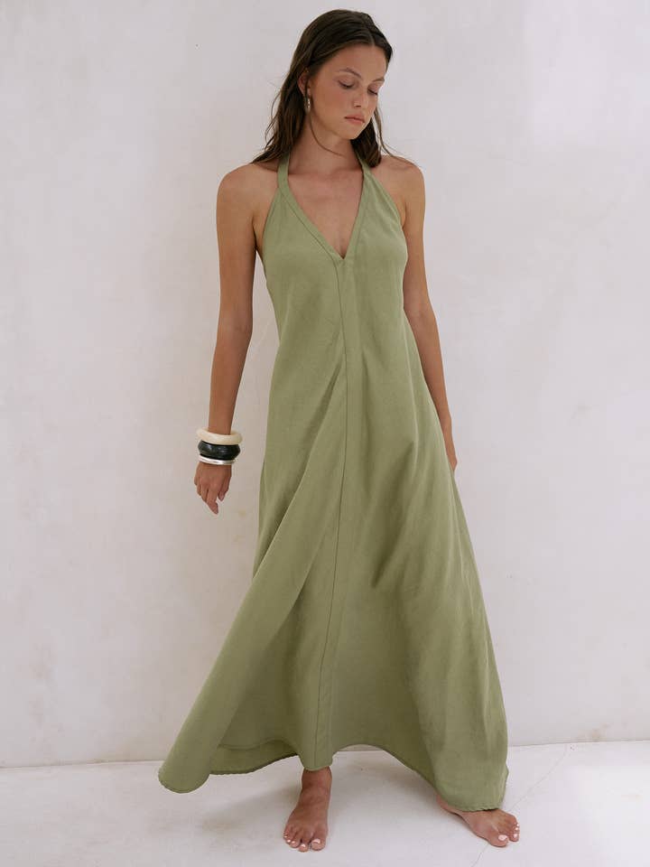 Zoe Maxi Dress - Khaki Green for wholesale by The Handloom