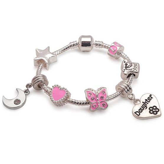 Children's Daughter Pink 'Dream Moon & Star' Silver Plated Charm Bead Bracelet for wholesale by Liberty Charms