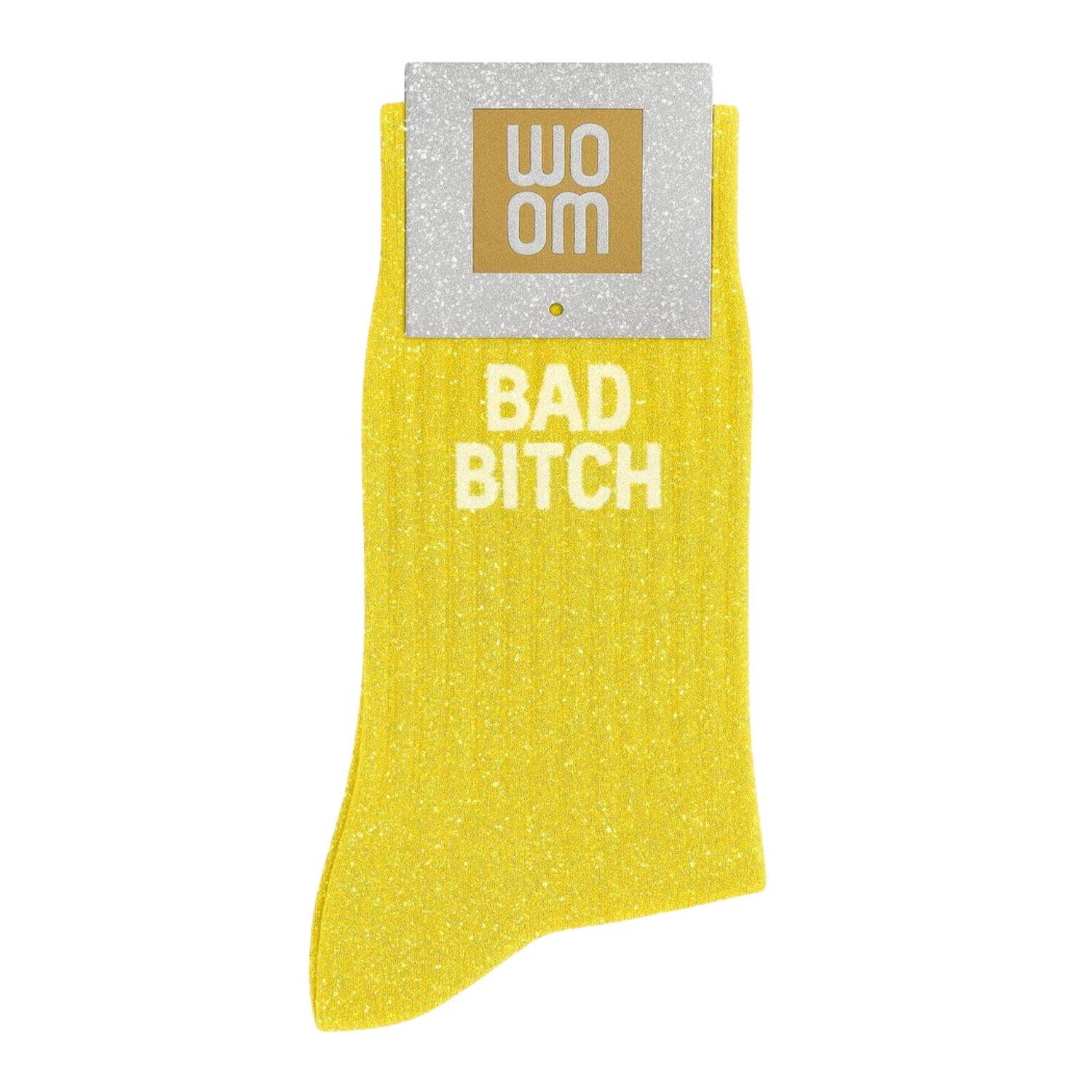 ChoO - Vendita all'ingrosso Calzini - Donna - Calzini gialli glitter con scritta «Bad Bitch»0