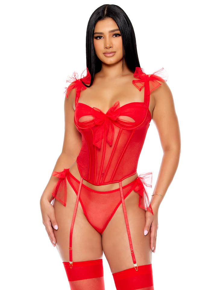 Forplay Inc. - Vente Ensemble de lingerie – femme - Ensemble de lingerie bustier Unwrap Me avec nœud en maille