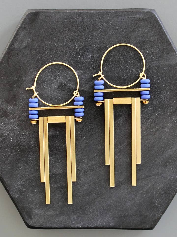 KYLE33 cobalt Artdeco hoop earrings for wholesale by David Aubrey Jewelry