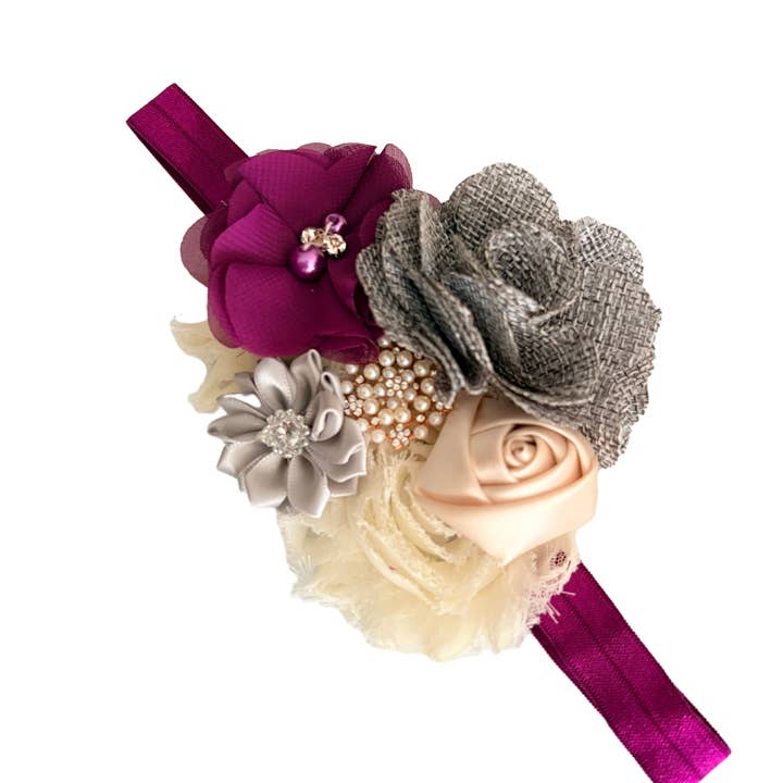 Bebis vinröd vintage pannband, grått bebispannband, för wholesale av Jazy and Eve