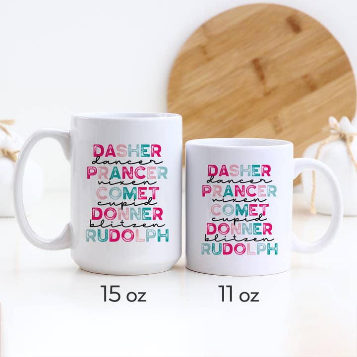 Heart & Willow Prints - Vente Tasse à café - Tasse de Noël avec noms de rennes, tasse de Noël, cadeau de vacances1